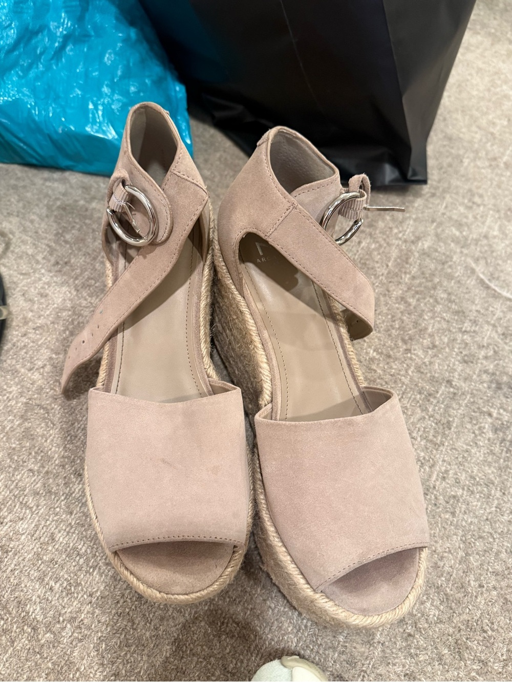Marc Fisher Blush Suede Espadrille Wedges with Ankle Buckle